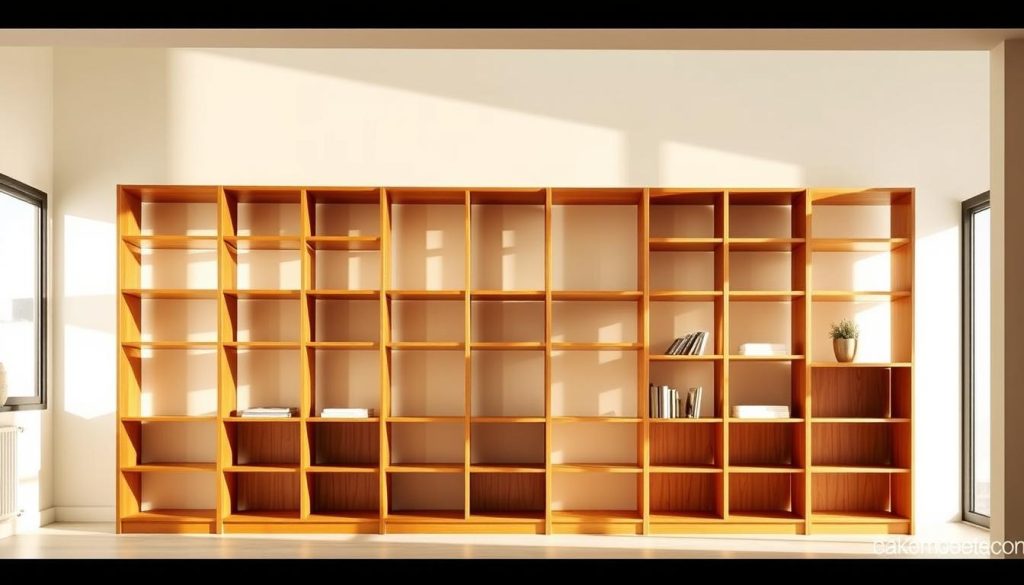 A meticulously crafted modular bookcase system, its clean lines and modular shelves creating a sleek, modern aesthetic. The bookcase is set against a warm, neutral-toned wall, allowing the natural wood grain and minimalist design to take center stage. Soft, directional lighting casts gentle shadows, highlighting the depth and textures of the shelves. The bookcase is positioned in a bright, airy room, with large windows allowing natural light to pour in, creating a sense of openness and flexibility. The modular design offers endless possibilities for customization, adapting to the changing needs and evolving spaces of the home.