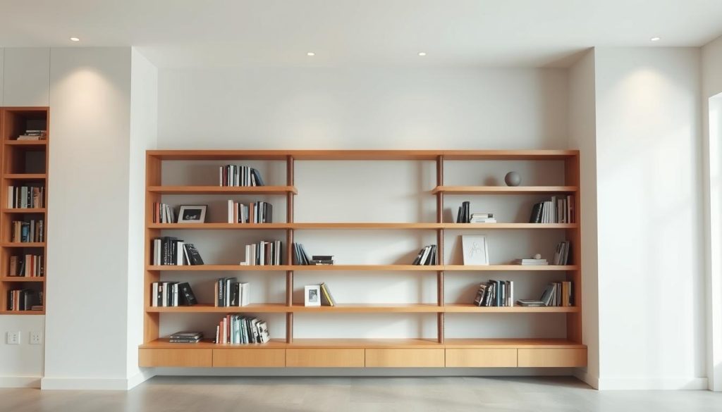 A minimalist, built-in bookcase design with clean lines and a warm, natural aesthetic. The bookcase is set against a light, neutral-toned wall, creating a bright and airy atmosphere. Prominent wooden shelves span the length of the wall, offering ample display and storage space for books, photos, and decorative accents. The lighting is soft and diffused, creating subtle shadows that accentuate the depth and texture of the shelves. The overall composition is balanced and harmonious, showcasing the bookcase as the focal point of the room.