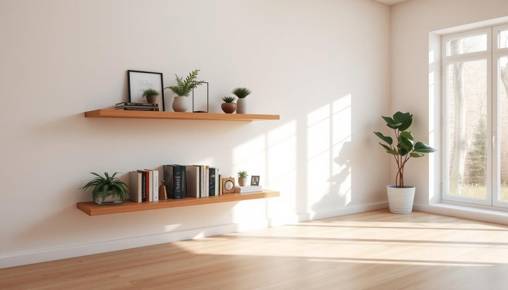 A minimalist, well-lit room with pale hardwood floors and white walls. In the foreground, a sleek, floating wood shelf is mounted on the wall, displaying a carefully curated collection of books, plants, and decorative objects. The shelf appears to be seamlessly integrated into the wall, creating a clean, uncluttered aesthetic. Natural light streams in through large windows, casting a warm, inviting glow on the scene. The overall atmosphere is one of simplicity, functionality, and modern sophistication.