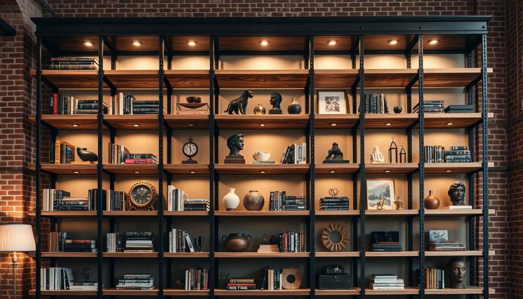 A spacious industrial-style bookcase stands tall, its rugged steel frame and rustic wooden shelves commanding attention. The shelves are adorned with a curated collection of books, sculptures, and decorative accents, creating a harmonious blend of functionality and aesthetic appeal. Warm, directional lighting casts a soft glow, accentuating the textures and lending a cozy, inviting atmosphere to the space. The bookcase is positioned against a backdrop of exposed brick walls, further enhancing the industrial charm. The overall composition exudes a sense of effortless sophistication, perfectly complementing the section's title, "Industrial-Style Bookcases: Adding Character to Your Space."