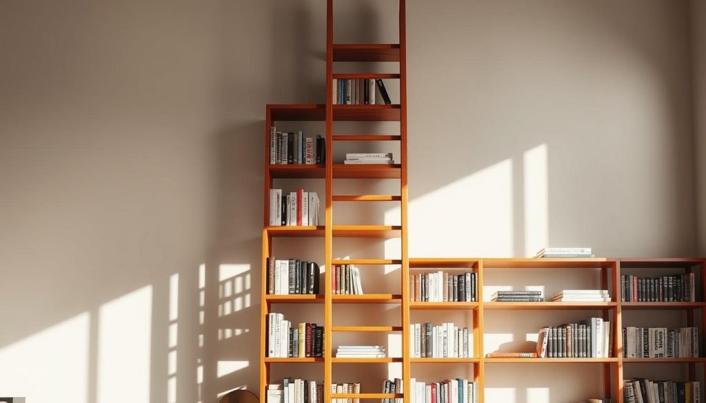 A visually striking ladder-style bookcase, crafted with rich, warm-toned wood, stands tall against a backdrop of soft, natural lighting. The bookcase features multiple, evenly spaced shelves, each laden with a curated collection of books, artfully arranged to create a harmonious, inviting display. The ladder, constructed with sleek, minimalist lines, lends an air of modern sophistication, while the overall design seamlessly blends function and aesthetic appeal. The scene is captured from a slightly elevated angle, allowing the viewer to fully appreciate the bookcase's elegant proportions and the subtle interplay of light and shadow that enhances its visual appeal.