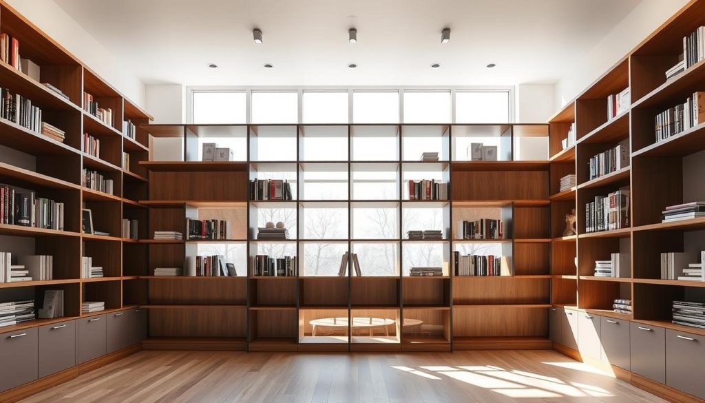 Elegant and functional room divider bookcases with sleek, modern lines. Centered in a bright, airy room with large windows, allowing natural light to filter through the shelves. Arranged in a symmetrical layout, the bookcases create a sense of balance and flow, seamlessly separating the space while maintaining an open, collaborative atmosphere. Wooden shelves in a warm, rich tone contrast beautifully with the stark white walls, their contents casting soft shadows and leading the eye through the dual-purpose storage solution. A harmonious blend of form and function, this image reflects the ideal "Room Divider Bookcases: Dual-Purpose Storage Solutions" for the modern home.
